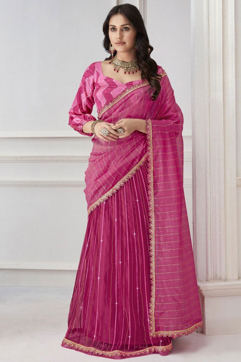 Rani Organza And Net Saree With Embroidered Work