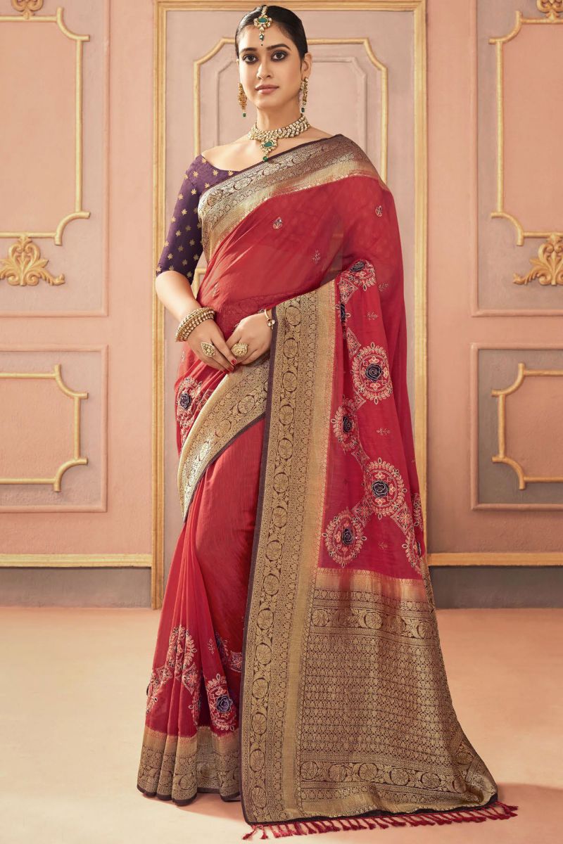 Red Embroidered Work Sangeet Function Silk Saree