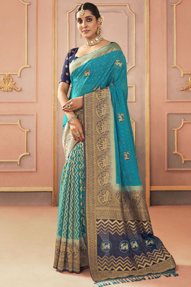 Cyan Embroidered Work Sangeet Function Silk Saree