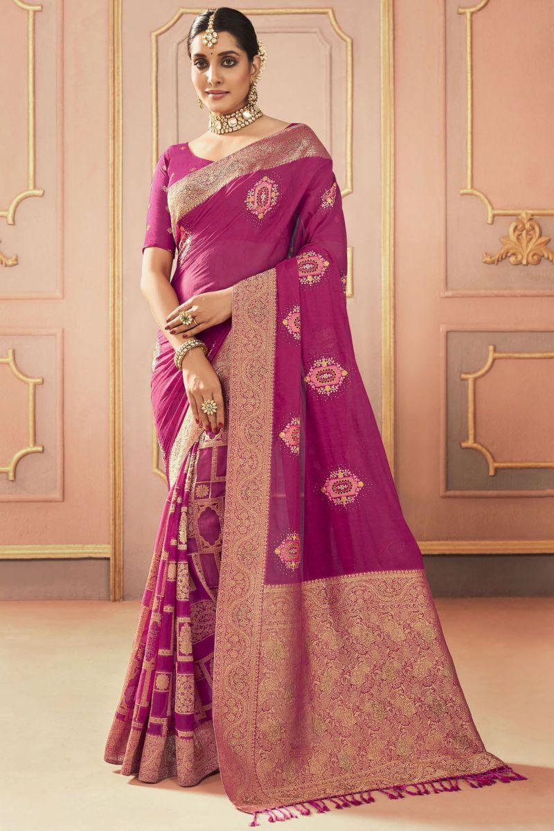 Embroidered Work Sangeet Function Silk Saree In Magenta Color