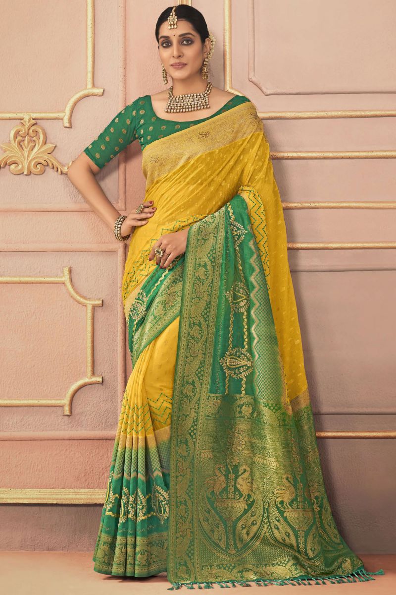 Embroidered Work Sangeet Function Silk Saree In Mustard Color