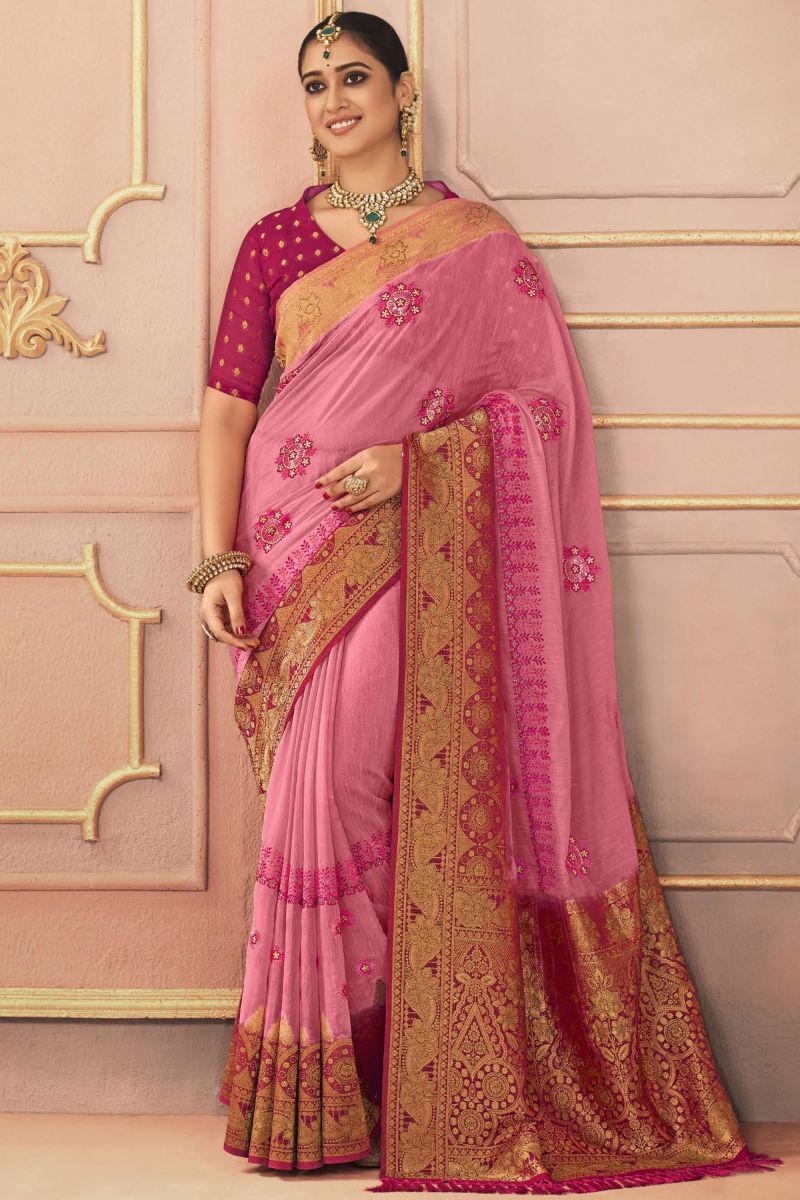 Pink Sangeet Function Silk Saree With Embroidered Work