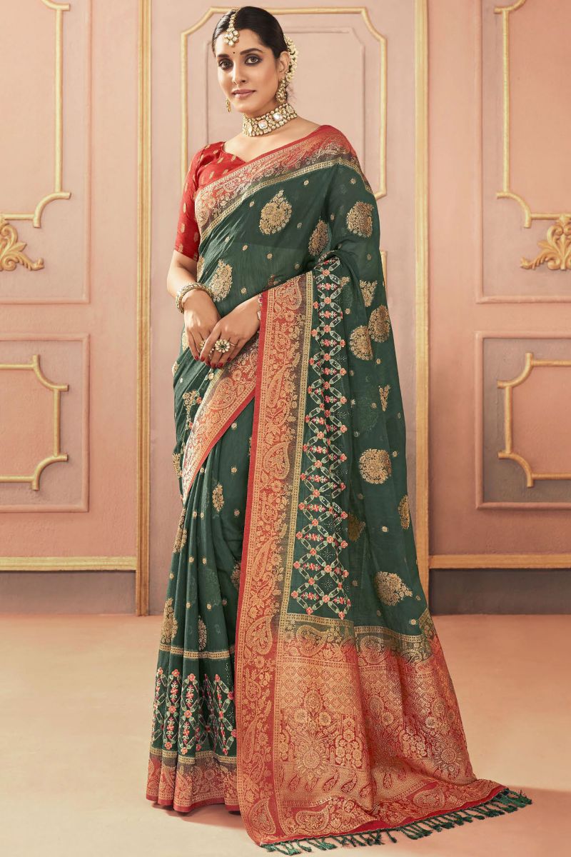 Dark Green Embroidered Work Sangeet Function Silk Saree