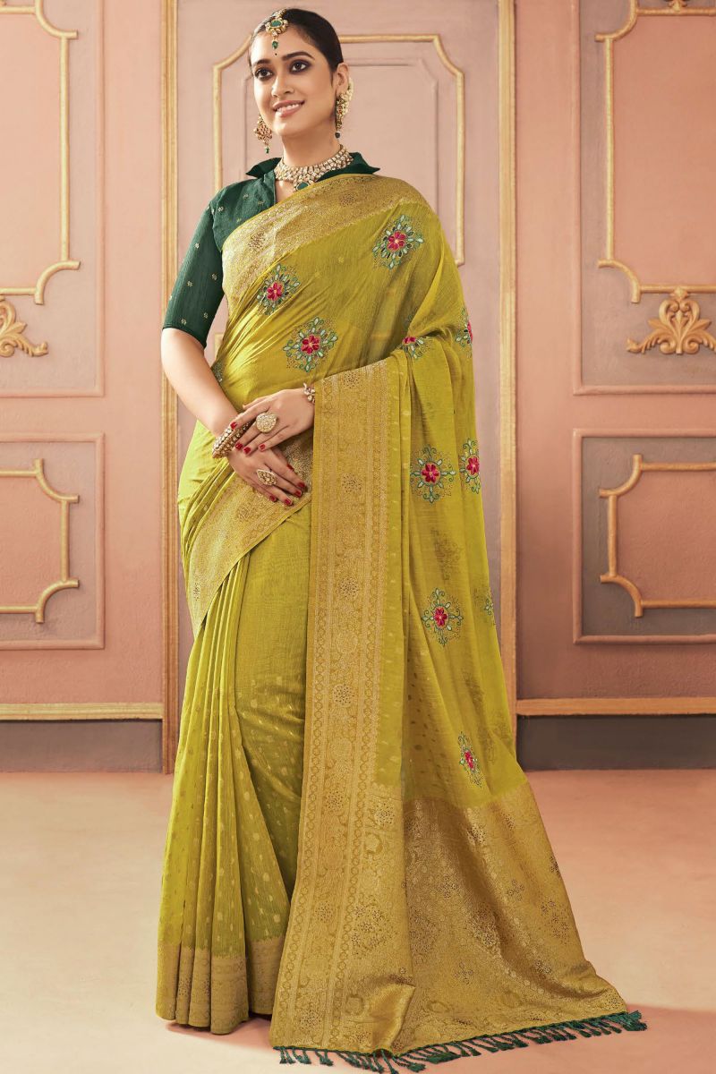 Yellow Embroidered Work Sangeet Function Silk Saree