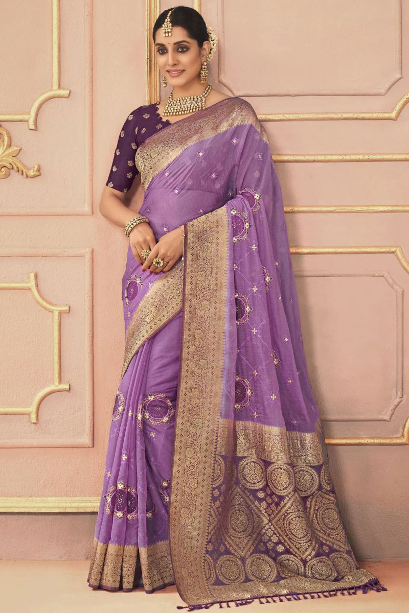 Lavender Embroidered Work Sangeet Function Silk Saree