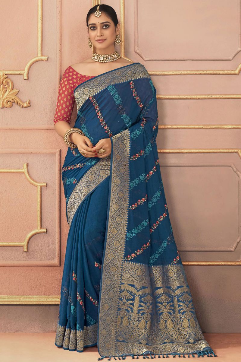 Blue Embroidered Work Sangeet Function Silk Saree