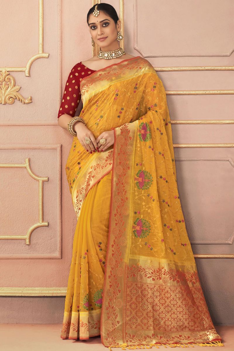 Yellow Sangeet Function Silk Saree With Embroidered Work