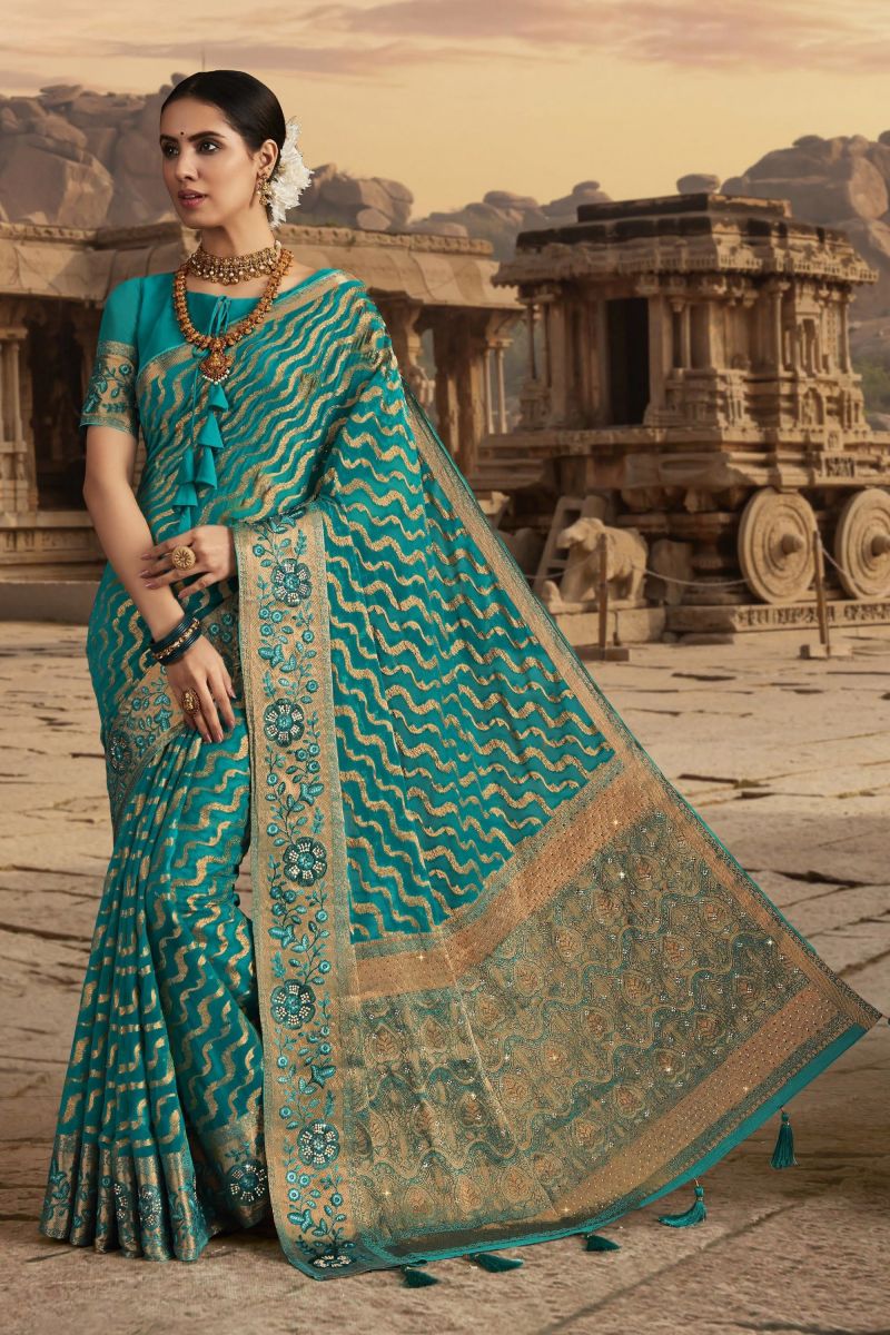 Cyan Chiffon Saree With Border Work