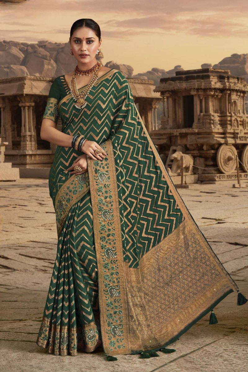 Chiffon Dark Green Saree With Border Work 