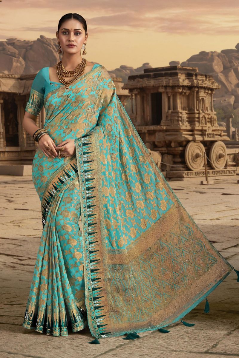 Chiffon Stylish Border Work Cyan Saree