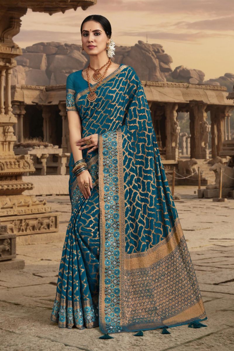 Chiffon Teal Saree With Border Work