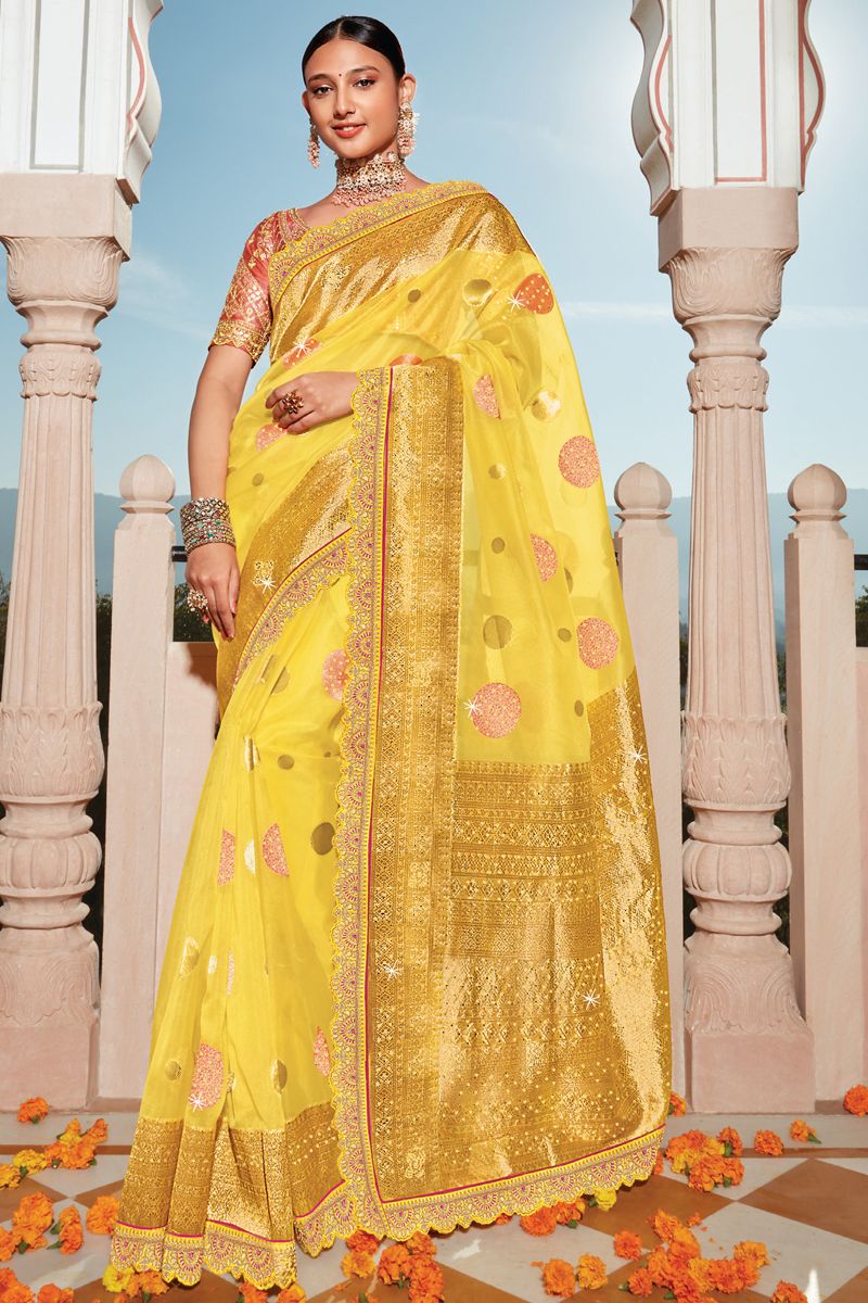 Organza Fabric Weaving Work Yellow Color Sangeet Wear Trendy Saree With Heavy Embroidered Blouse