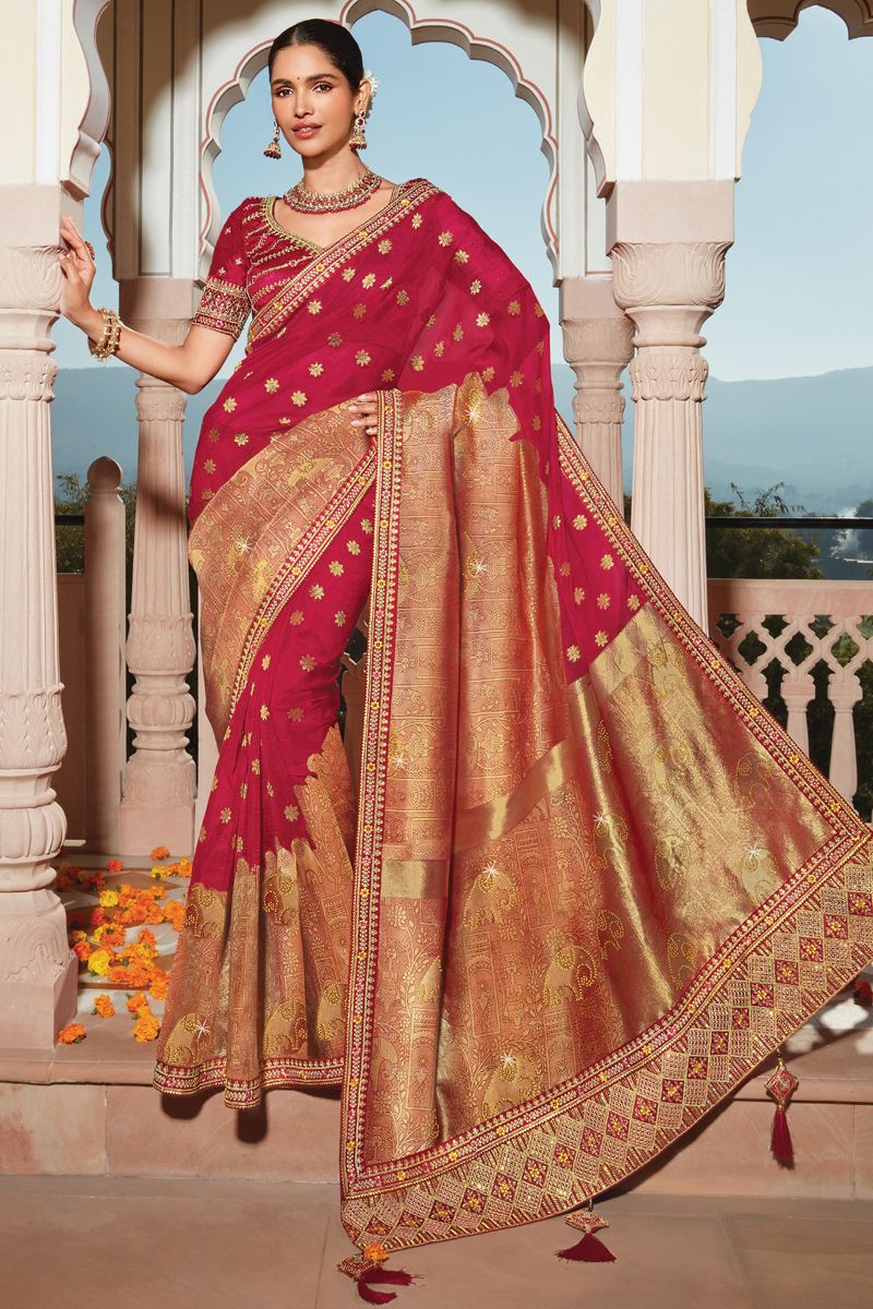 Maroon Color Organza Fabric Fancy Weaving Work Sangeet Wear Saree With Heavy Embroidered Blouse