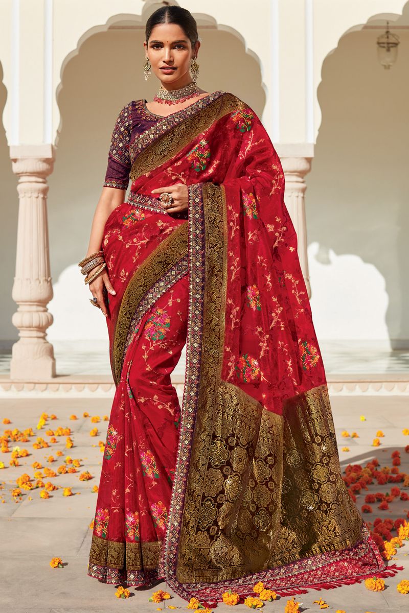 Weaving Work Red Color Organza Fabric Reception Wear Saree With Heavy Embroidered Blouse