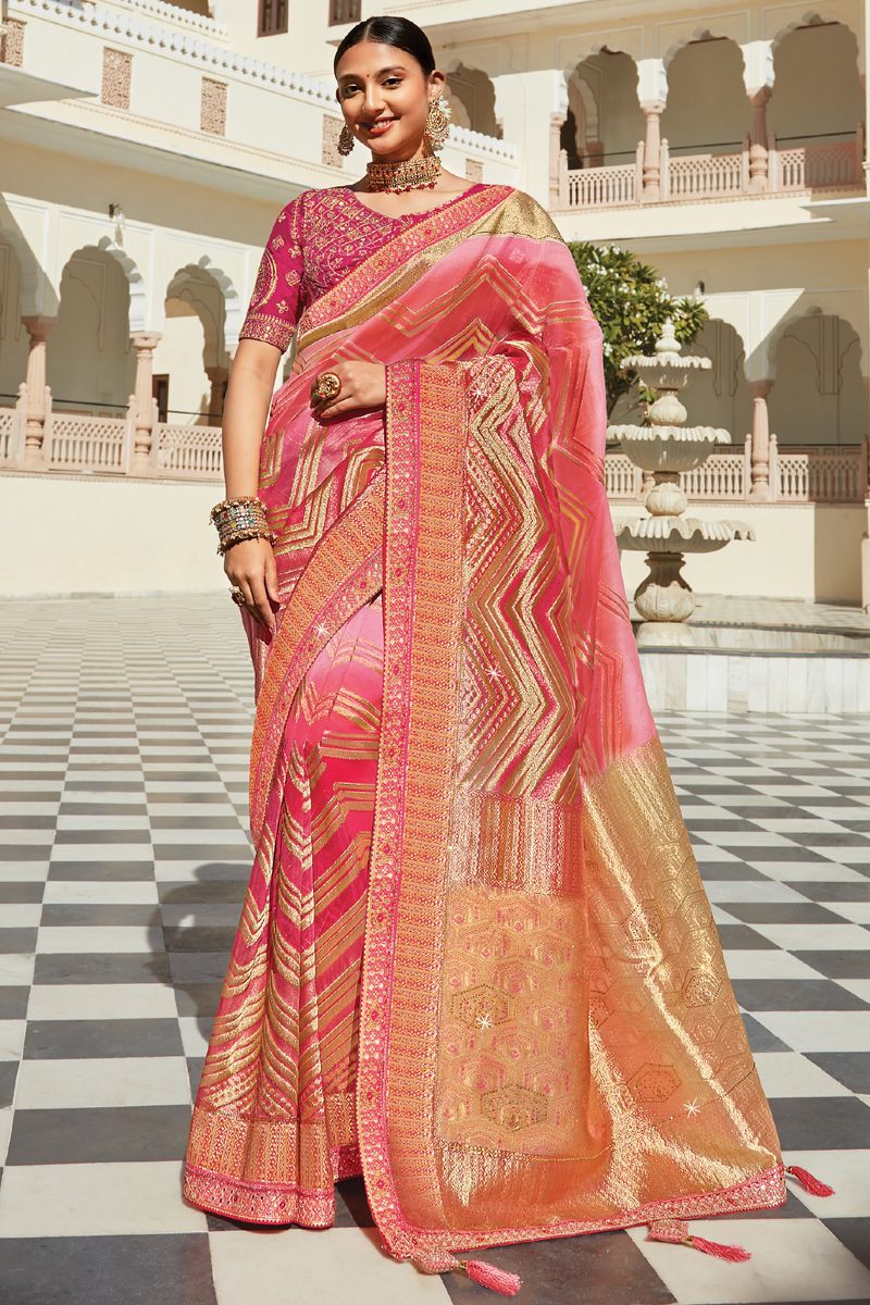 Pink Color Organza Fabric Weaving Work Function Wear Fancy Saree With Heavy Embroidered Blouse