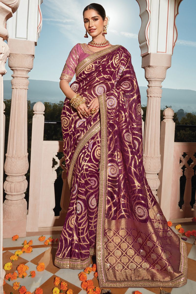 Sangeet Wear Purple Color Organza Fabric Weaving Work Saree With Heavy Embroidered Blouse