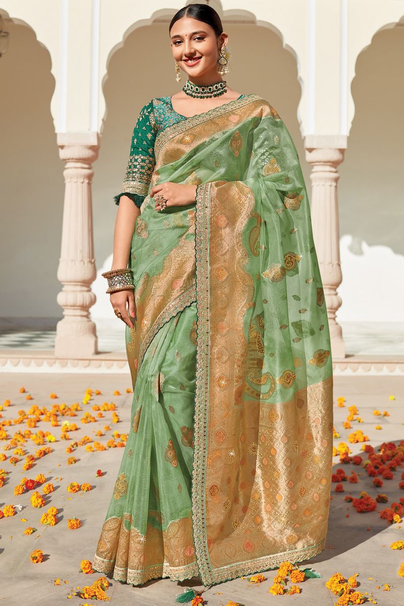 Wedding Wear Organza Fabric Weaving Work Saree With Heavy Embroidered Blouse