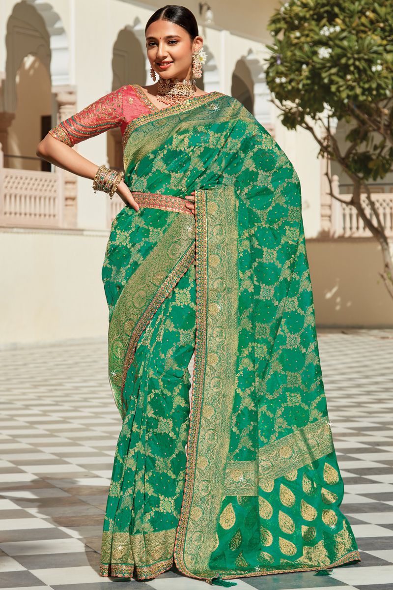 Green Color Reception Wear Organza Fabric Weaving Work Saree With Heavy Embroidered Blouse