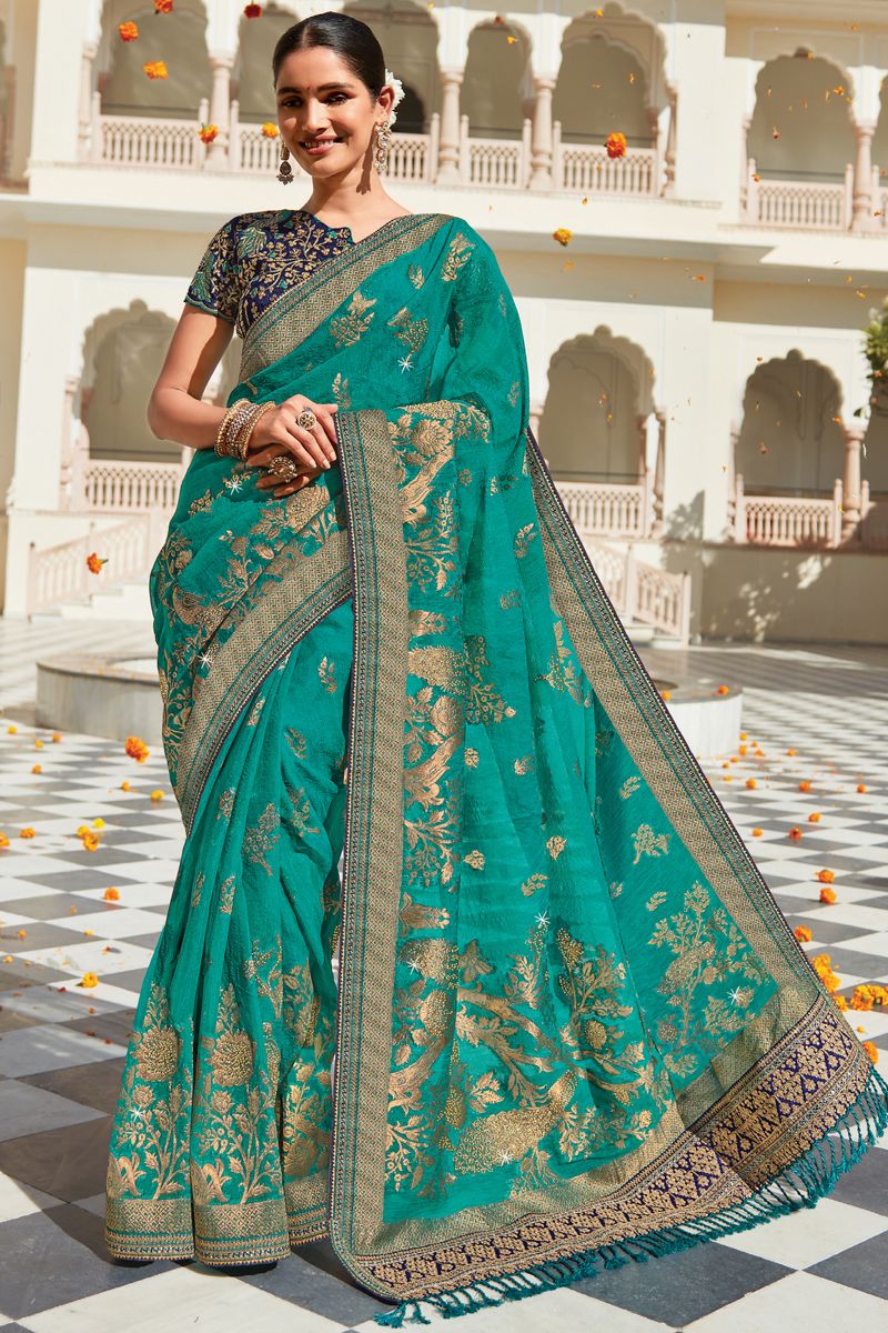 Wedding Wear Cyan Color Weaving Work Saree With Heavy Embroidered Blouse