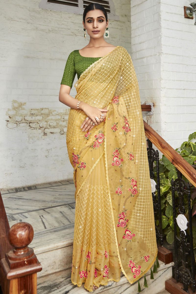 Yellow Color Party Style Embroidered And Stone Work Organza Saree