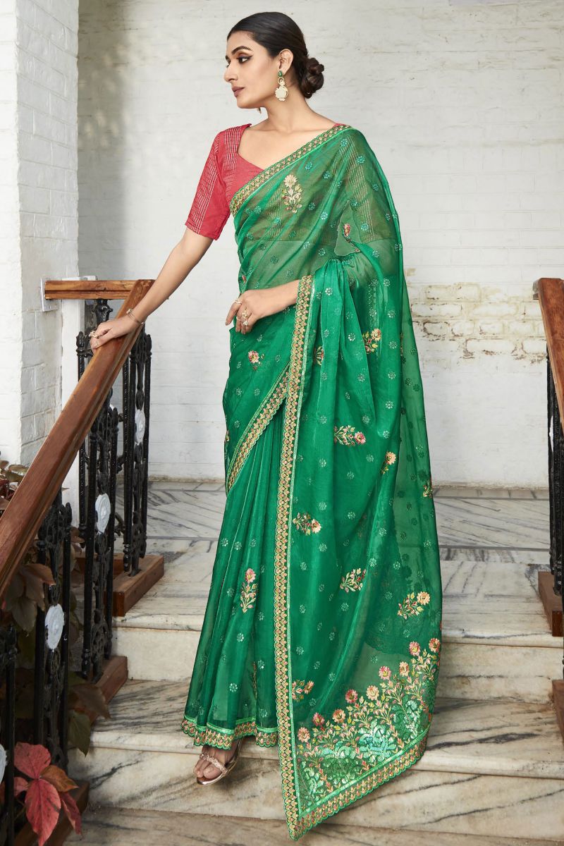 Green Embroidered And Stone Work Party Style Organza Saree