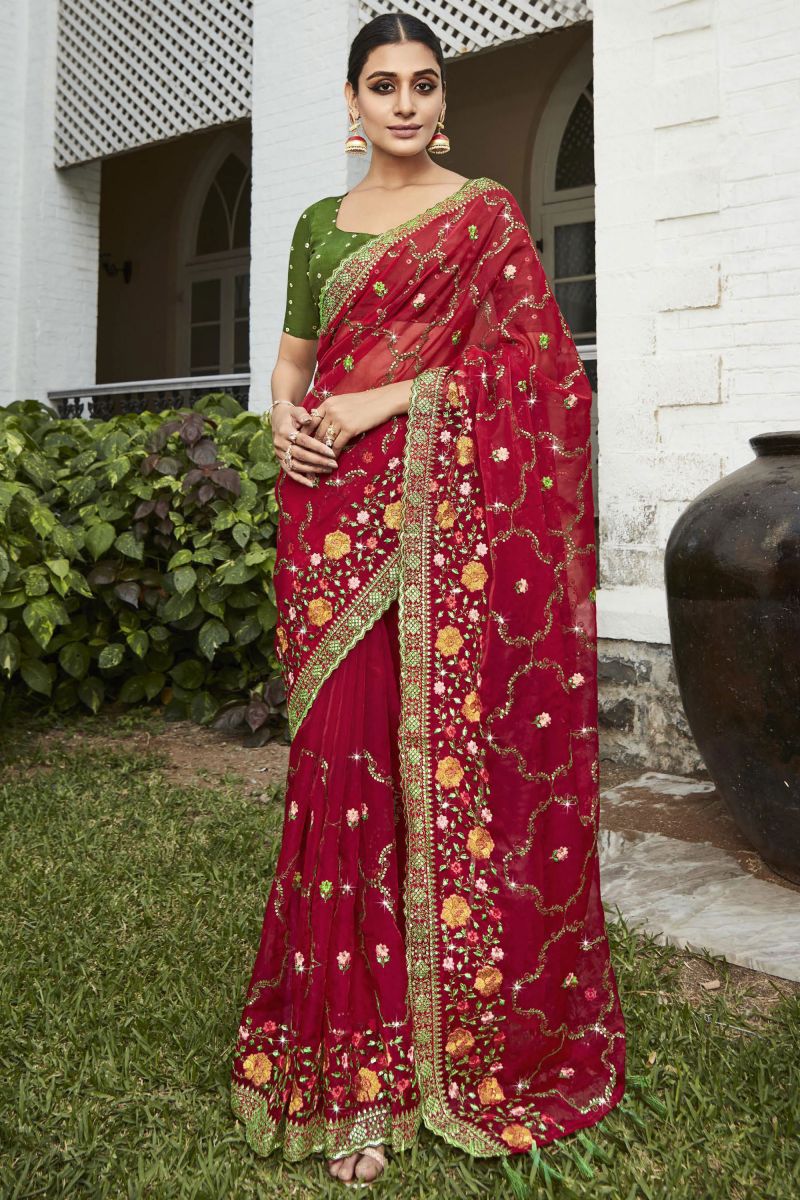 Embroidered And Stone Work Party Style Organza Saree In Red Color