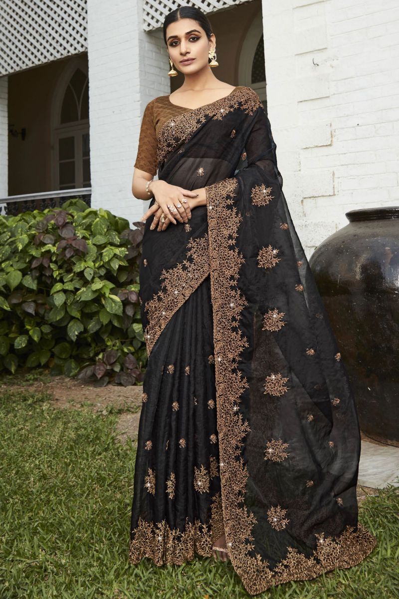 Embroidered And Stone Work Party Style Organza Saree In Black Color