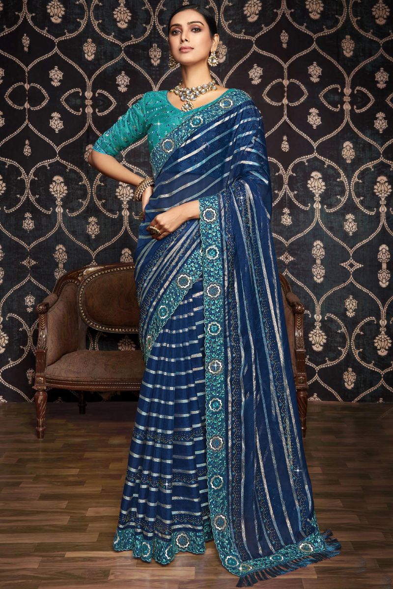 Blue Organza Saree With Border Work