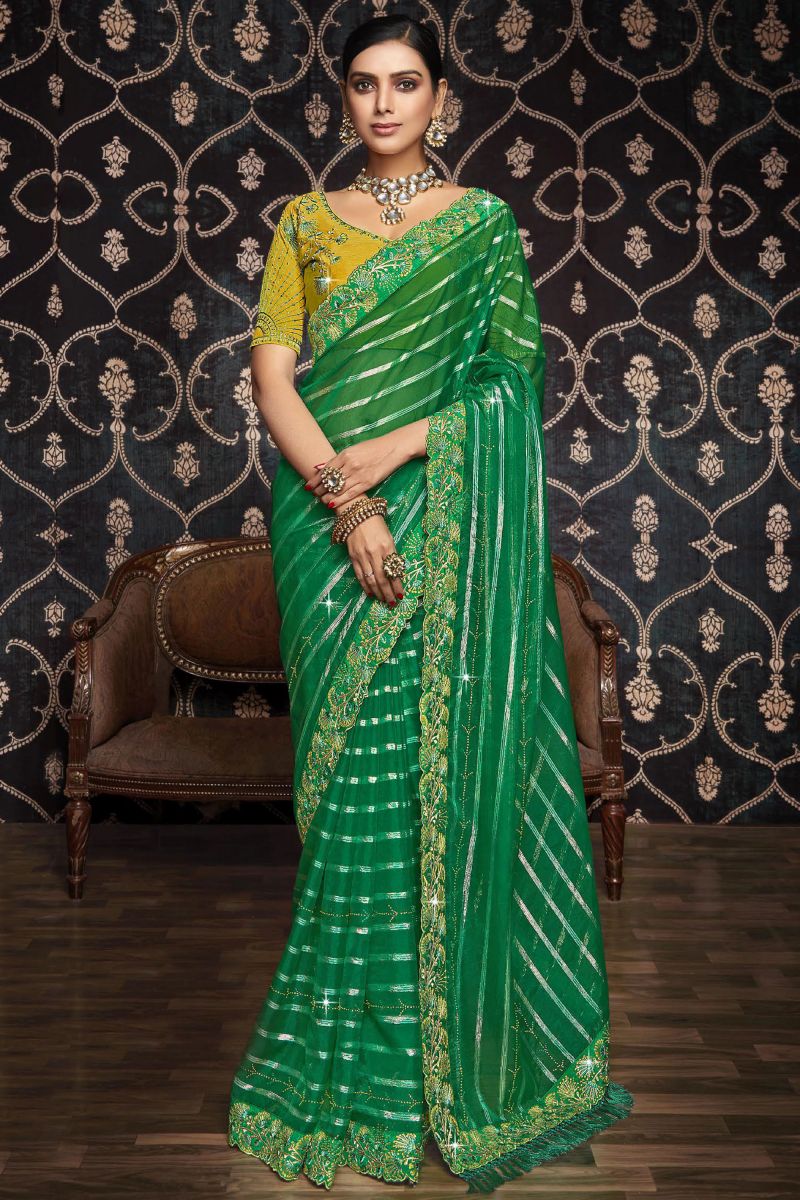 Green Border Work Organza Saree