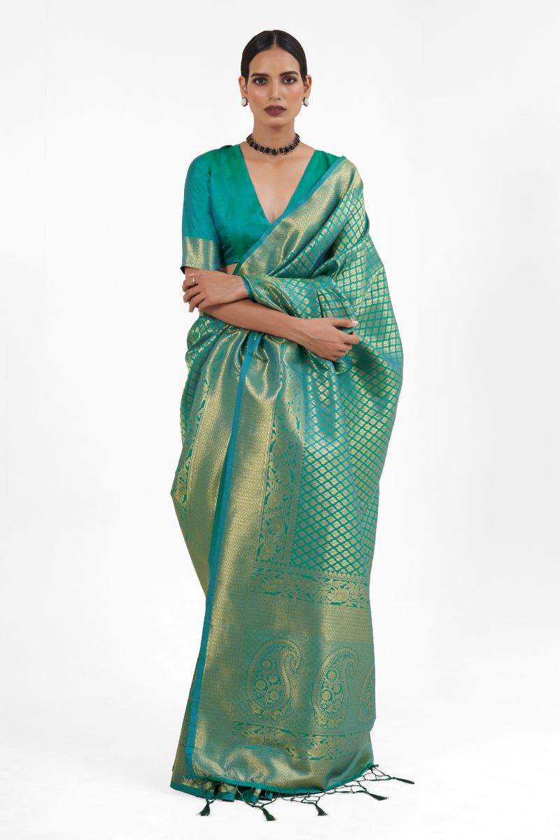 Excellent Silk Sea Green Color Handloom Weaving Saree