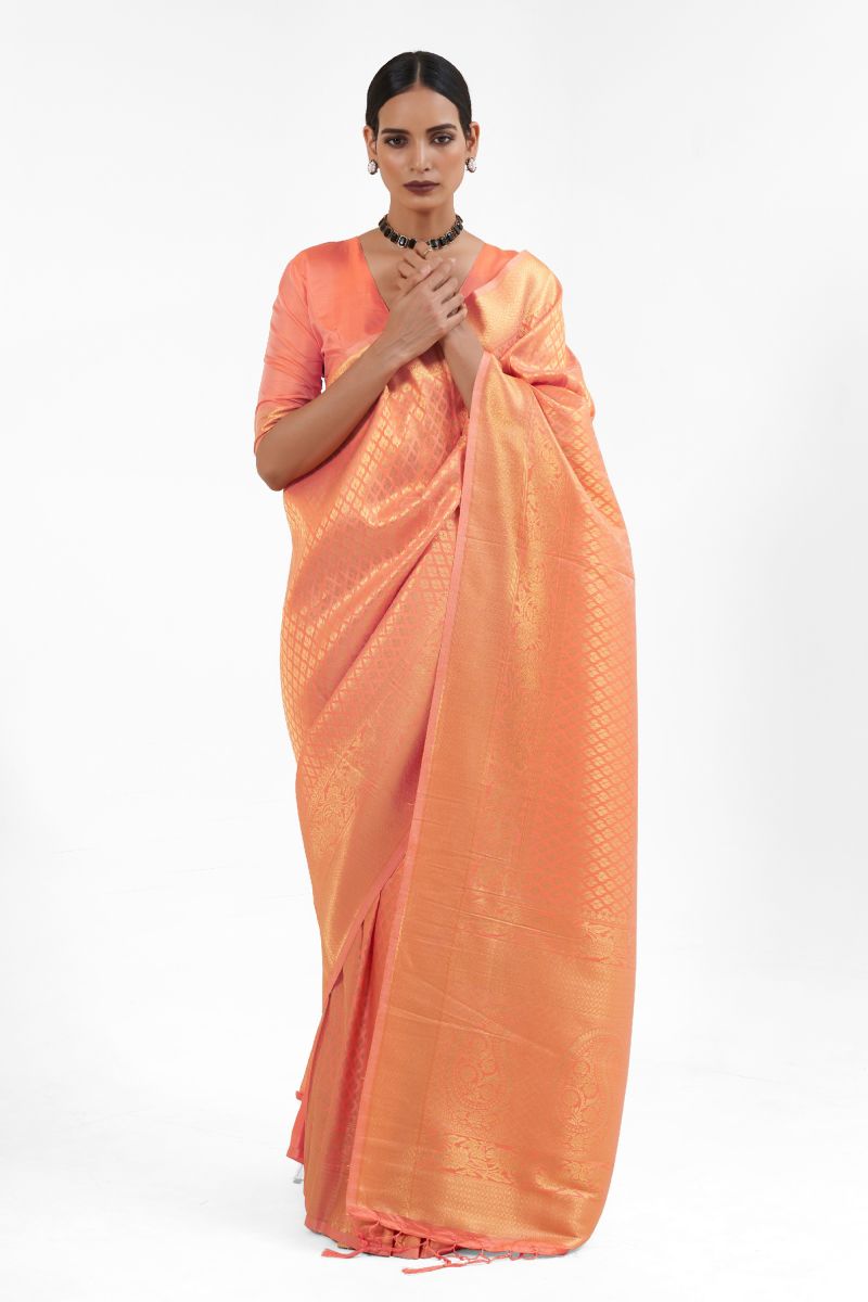 Beguiling Peach Color Silk Handloom Weaving Saree