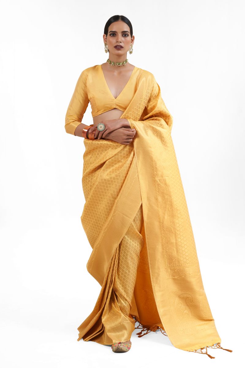 Incredible Silk Yellow Color Handloom Weaving Saree