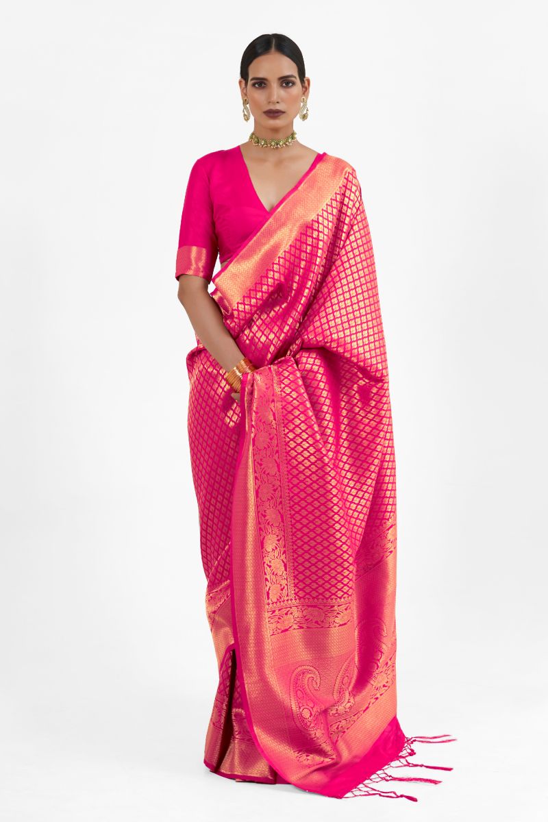 Blazing Rani Color Handloom Weaving Silk Saree