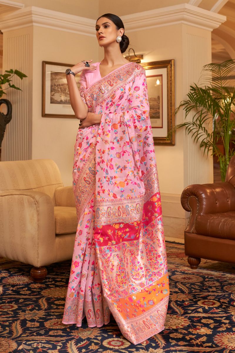 Pink Color Brilliant Kashmiri Modal Handloom Weaving Silk Saree In