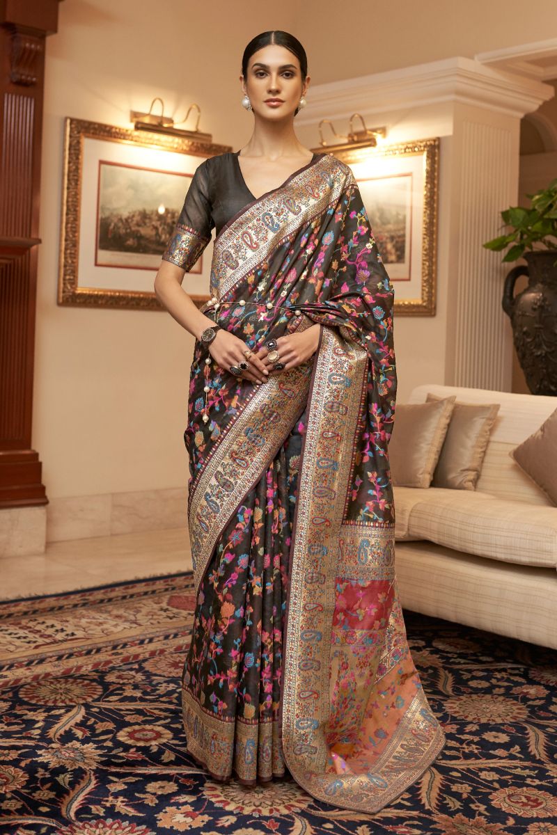 Soothing Black Color Kashmiri Modal Handloom Weaving Silk Saree