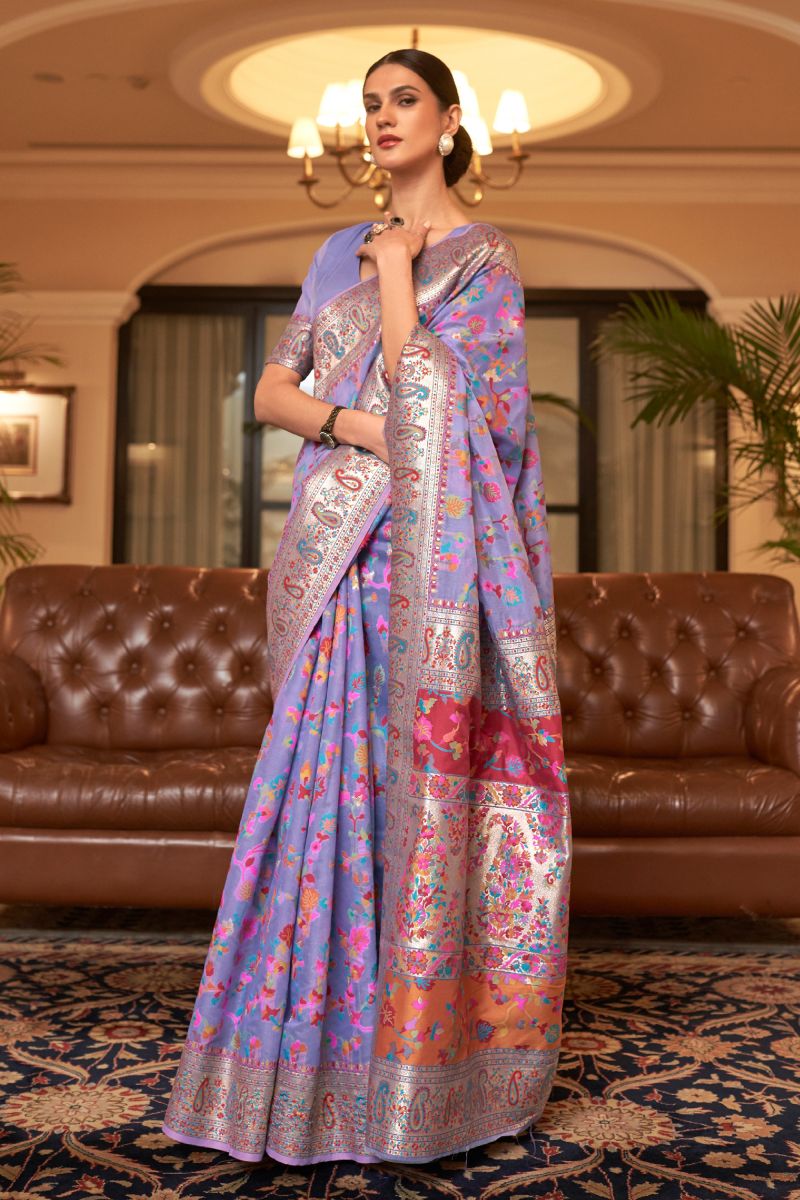 Lavender Color Glamorous Kashmiri Modal Handloom Weaving Silk Saree