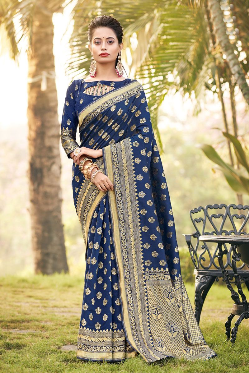 Navy Blue Art Silk Festive Wear Saree