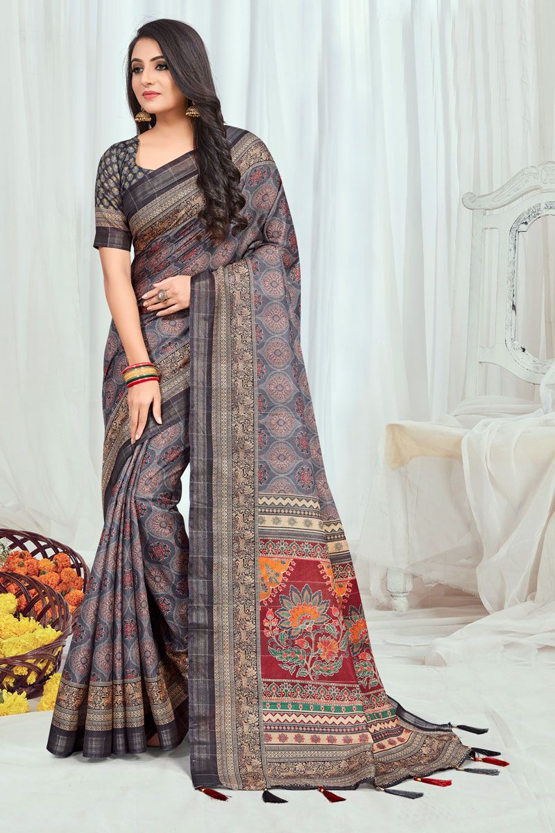 Grey Cotton Casual Printed Saree