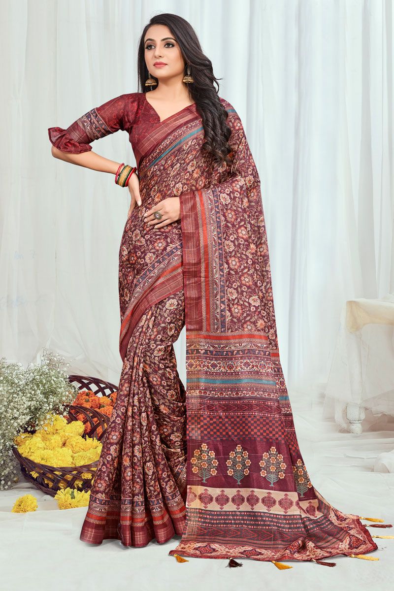 Maroon Cotton Casual Printed Saree