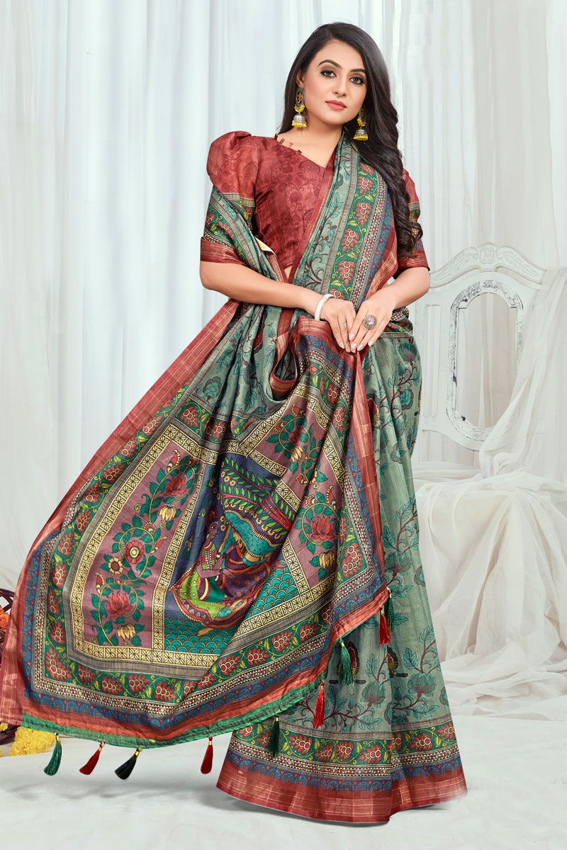 Green Cotton Casual Printed Saree