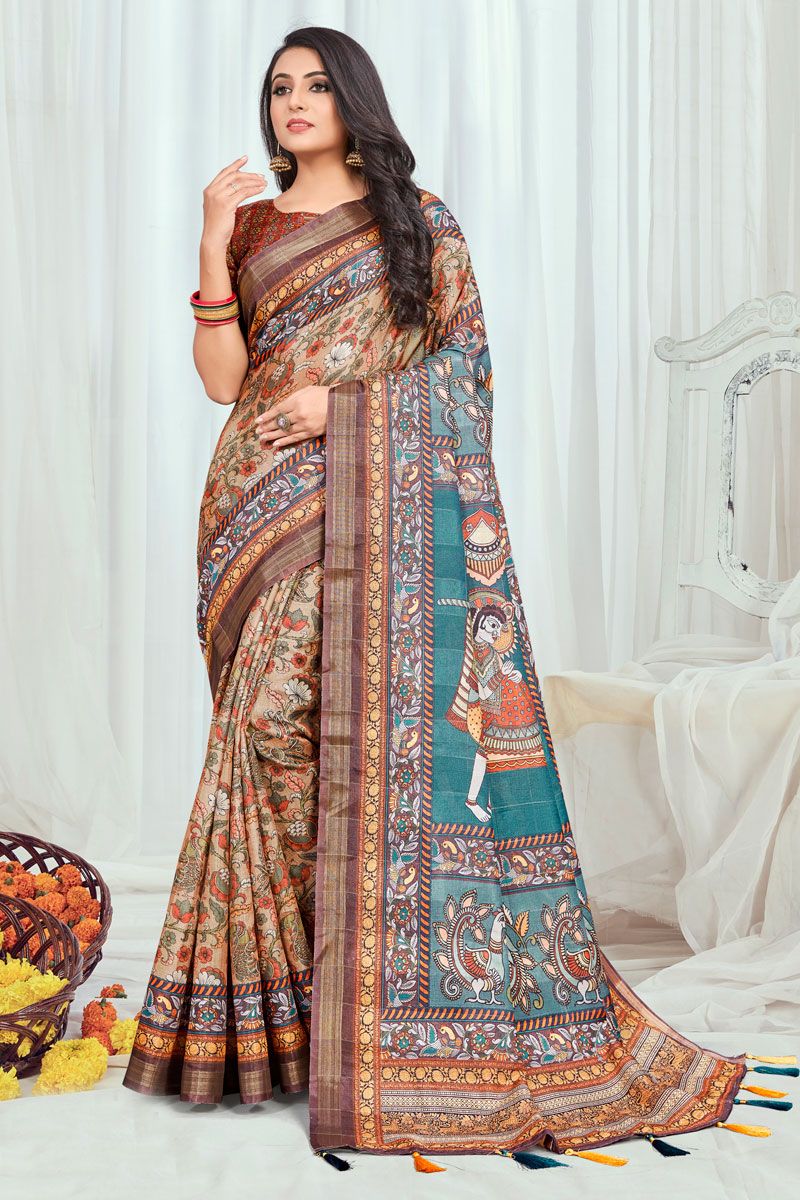 Beige Cotton Casual Printed Saree 