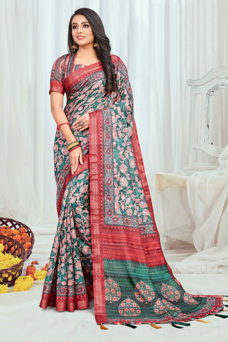 Cotton Casual Printed Saree In Sea Green Color