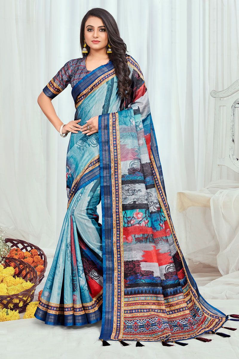 Cotton Casual Printed Saree In Sky Blue Color