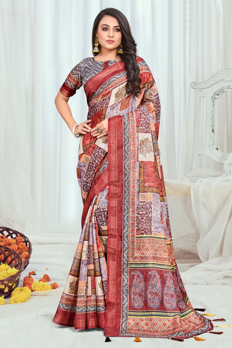 Cotton Casual Printed Saree In Multi Color