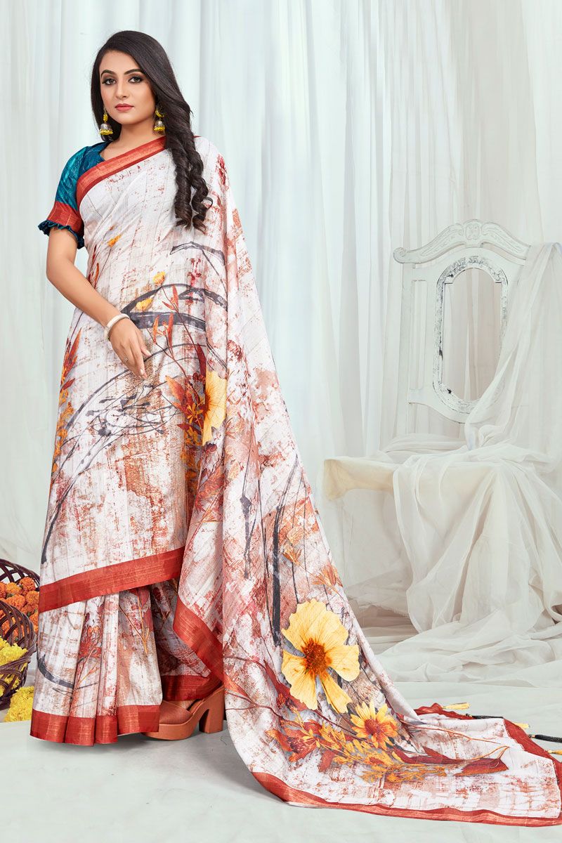 White Cotton Casual Printed Saree