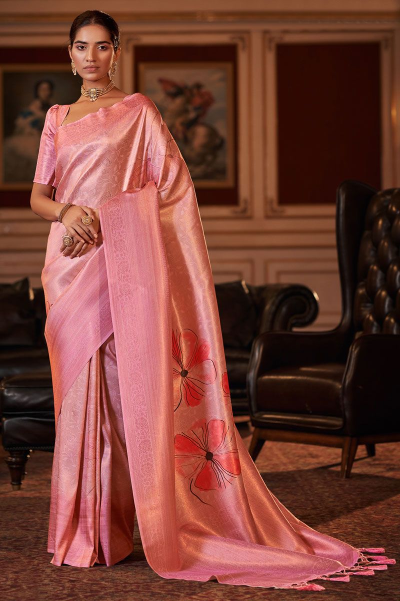 Pink Color Jacquard Digital Printed Saree