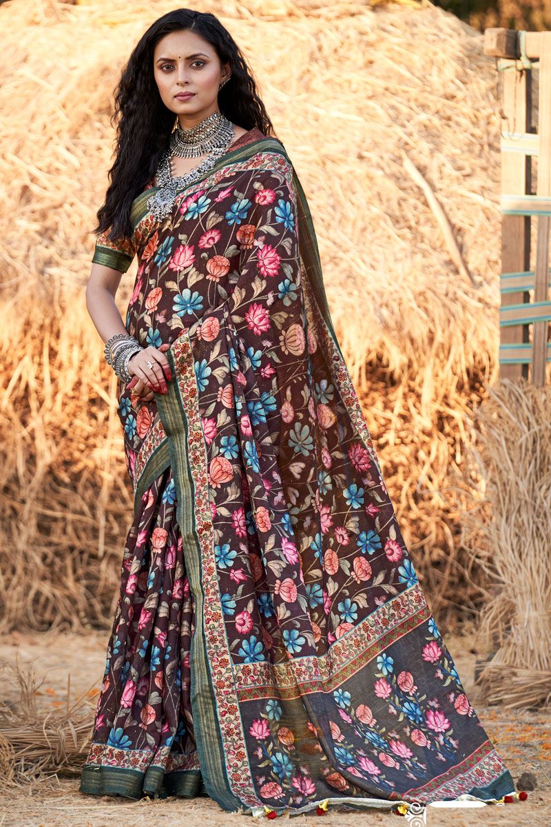 Brown Cotton Printed Casual Saree