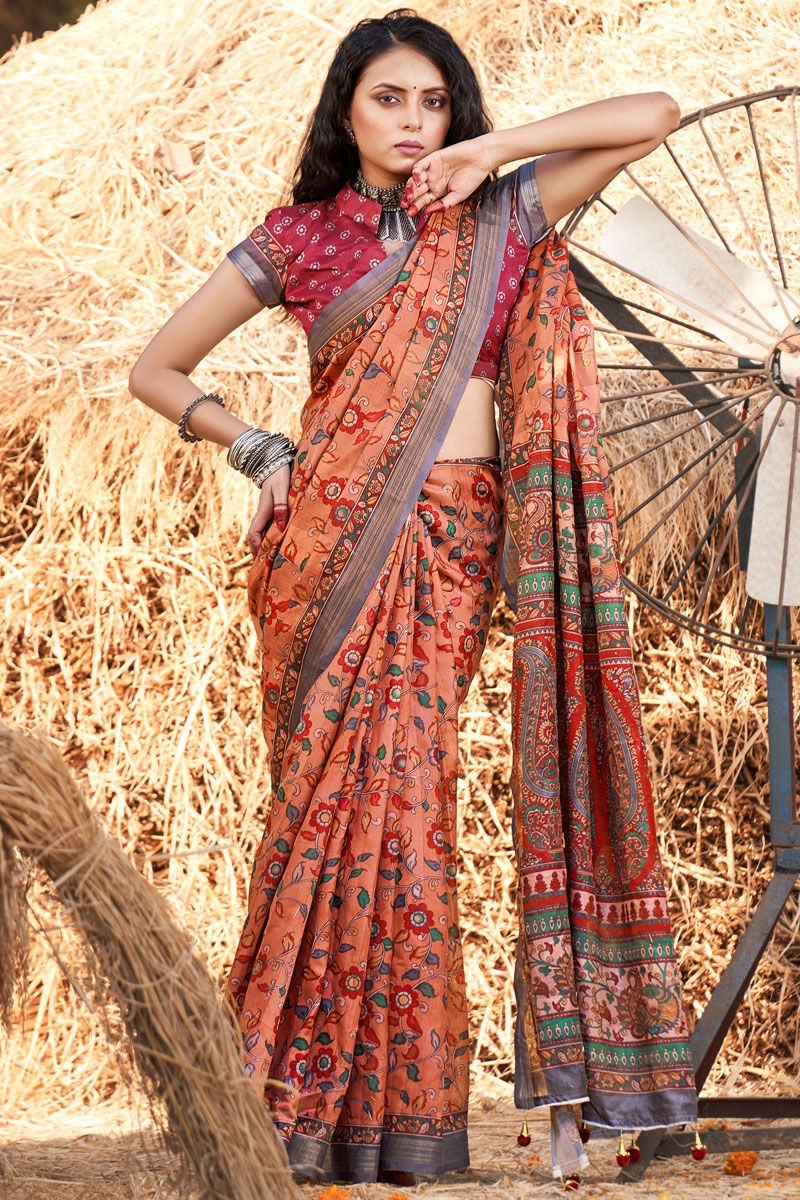 Cotton Orange Printed Casual Saree