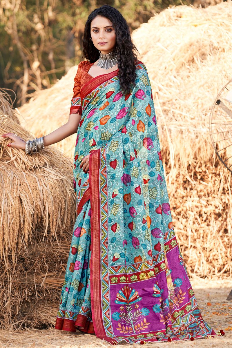 Sky Blue Cotton Printed Casual Saree