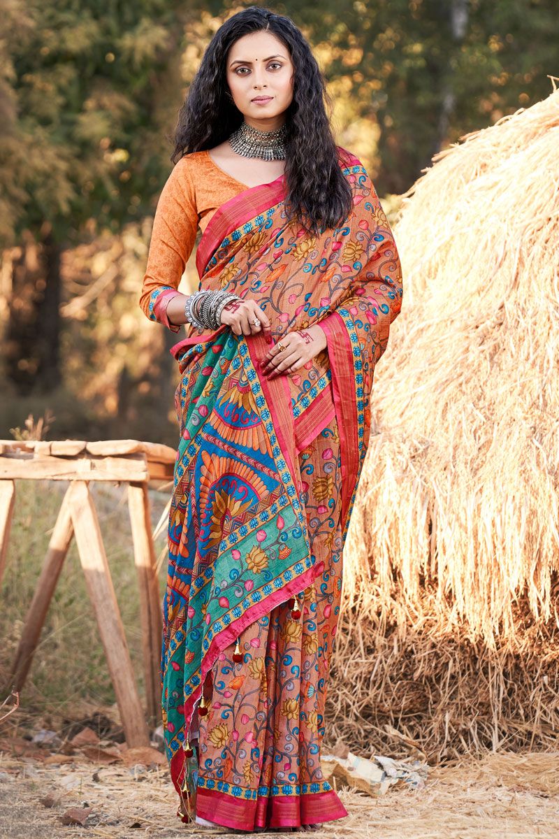 Cotton Printed Casual Saree In Orange Color